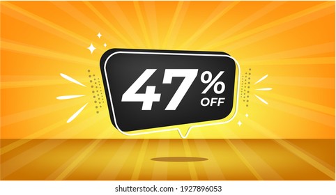 47% off. Yellow banner with forty-seven percent discount on a black balloon for mega big sales.