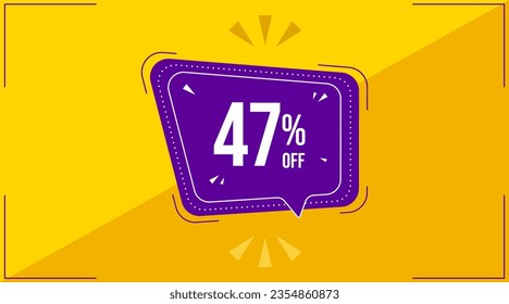 47 percent, forty seven percent. Discount banner shape. Sale coupon purple bubble icon. Special offer badge. Yellow abstract background. Modern concept design. Banner with offer badge. Vector