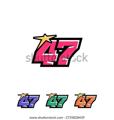 47 Racing Number with a Dynamic and Eye-Catching Look, Displaying Numbers in a Bold and Aggressive Style. The font is typical of automotive graphics and sports branding. Isolated on white background.