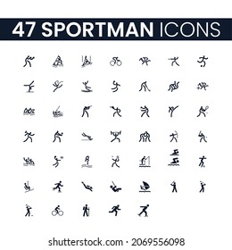 47 Sportman Icons Set. Sportsman Icons Pack. Collection of Icons. Editable vector stroke.