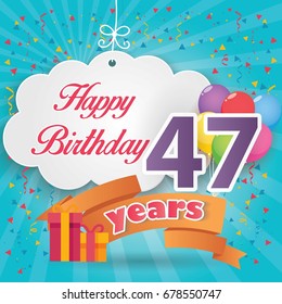 47 th birthday celebration greeting card origami paper art design, birthday party poster background with clouds, balloon, ribbon and gift box full color. forty seven anniversary celebrations