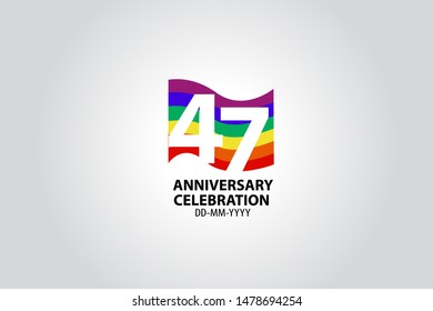 47 year anniversary celebration logotype with white number Emboss Style isolated on LGBT Colorful Flag on white grey background for invitation card, banner or flyer - vector