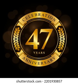 47 Year Anniversary celebration template design, with shiny ring and gold ribbon, laurel wreath isolated on black background, logo vector