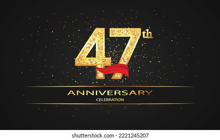 47 Year Anniversary celebration Vector Design with red ribbon and glitter. 47th Anniversary celebration. Gold Luxury Banner of 47th Anniversary. celebration card
