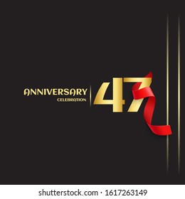47 year anniversary logo template on black background. golden numbers with red ribbon vector