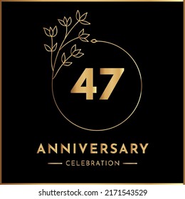 47 years anniversary celebration with golden floral frame isolated on black background. Creative design for happy birthday, wedding, ceremony, event party, marriage, and greeting card.