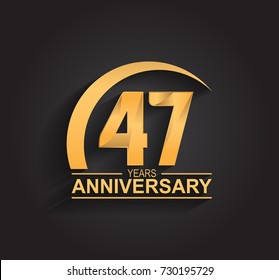 47 years anniversary celebration. Anniversary logo with swoosh and elegance golden color isolated on black background, vector design for celebration, invitation card, and greeting card