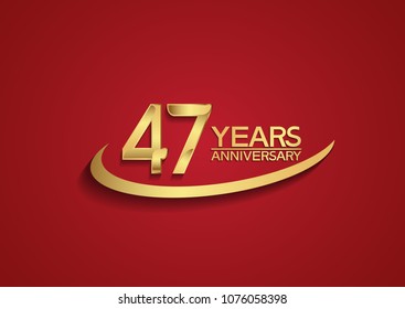 47 years anniversary design with swoosh golden color isolated on red background for celebration