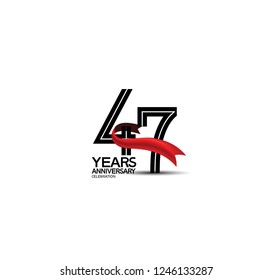 47 years anniversary flat black color and red ribbon isolated on white background