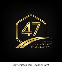 47 years anniversary. Lined gold hexagon and curving anniversary template.