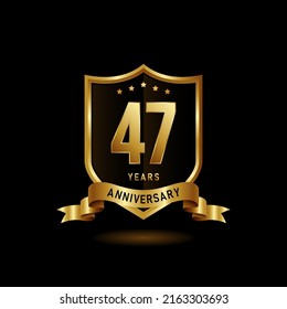 47 years anniversary logo with golden shield and ribbon for booklet, leaflet, magazine, brochure poster, banner, web, invitation or greeting card. Vector illustrations.