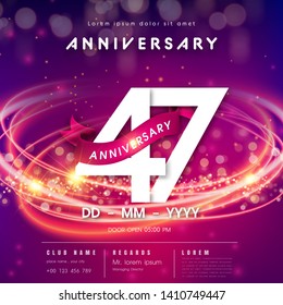 47 years anniversary logo template on purple Abstract futuristic space background. 47th modern technology design celebrating numbers with Hi-tech network digital technology concept design elements.