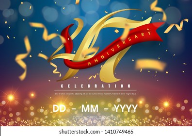 Plantilla de logo con logo de 47 años sobre fondo dorado y azul. 47° celebrando números dorados con elementos de diseño aislados de cinta roja y confetti