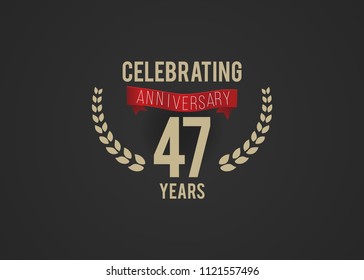 47 Years Anniversary logotype with golden colored font number, with ribbon and laurel, isolated on black background for company celebration event, birthday