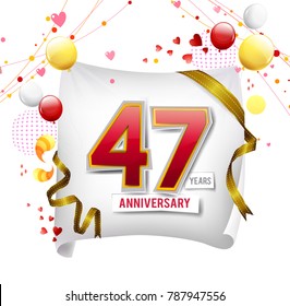 47 years anniversary vector illustration, banner, flyer, logo, icon, symbol. Graphic design element with flag, balloon, ribbon, confetty. Birthday greeting, event celebration