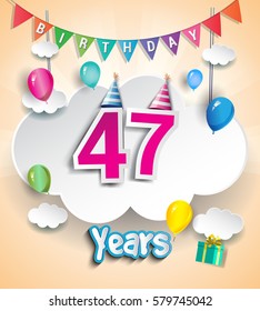 47 Years Birthday Design for greeting cards and poster, with clouds and gift box, balloons. using Paper Art Design Style. vector elements for anniversary celebration.