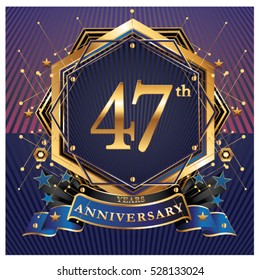 47 years golden anniversary logo celebration with ring and ribbon.