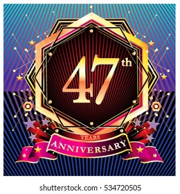 47 years golden anniversary logo celebration with ring and ribbon.