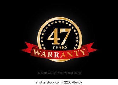 47 years golden warranty logo with ring and red ribbon isolated on black background, vector design for product warranty, guarantee, service, corporate, and your business.
