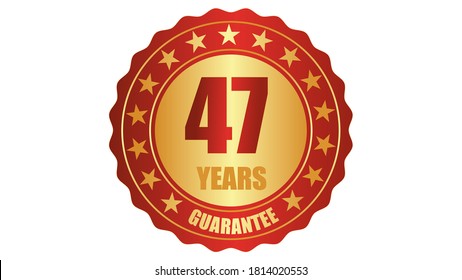 47 years guarantee stamp icon or a guarantee tag, badge, label, original certified concept seal vector illustration, logo isolated on white background and golden red text