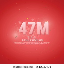 47M Follower celebration, 47M Pink Number on Red background with sparkling confetti, Thank you followers, 47M online social festive banner, 48M

