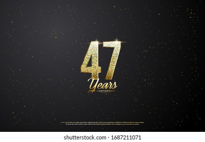 47th anniversary background with illustrations of light effects behind gold colored figures on a black background.