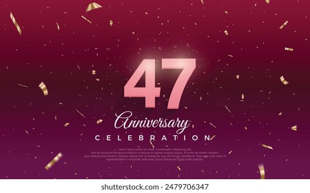 47th Anniversary celebration, 47 Anniversary celebration, Dark purple background, festive illustration,Realistic 3d sign, stars, Pink number with red ribbon 47 sparkling confetti, 47,48
