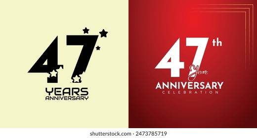 47th Anniversary celebration, 47 Anniversary celebration, Realistic 3d sign, stars, festive illustration, red background with Pink number 47 sparkling confetti, 47,48
