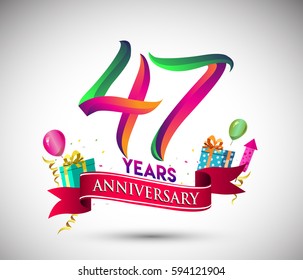 47th Anniversary Celebration Design, with gift box and balloons, Red ribbon, Colorful Vector template elements for your, forty seven years birthday celebration party.