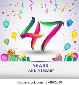 47th Anniversary Celebration Design, with gift box, balloons and confetti, Colorful Vector template elements for your, forty seven years birthday celebration party.
