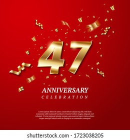 47th Anniversary celebration. Golden number 47 with sparkling confetti, stars, glitters and streamer ribbons on red background. Vector festive illustration. Birthday or wedding party event decoration