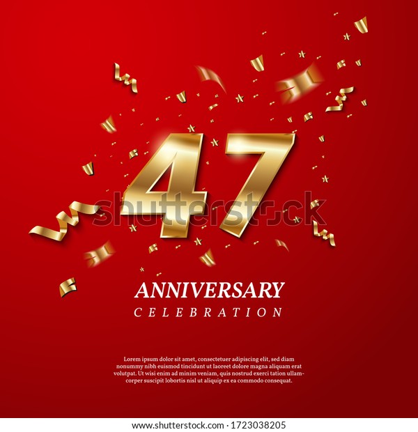 47th Anniversary celebration. Golden number 47\
with sparkling confetti, stars, glitters and streamer ribbons on\
red background. Vector festive illustration. Birthday or wedding\
party event decoration