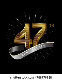 47th Anniversary fireworks and ahiny ribbon. gold anniversary logo on black background