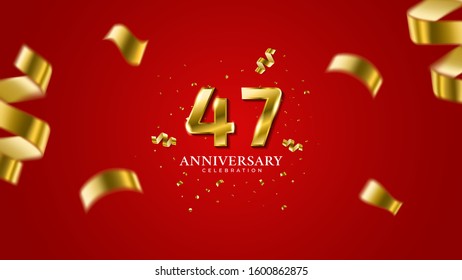 47th anniversary . Gold Numbers with shadow and sparkling confetti. Modern elegant gradient red background design vector EPS 10. For wedding party or company event decoration.
