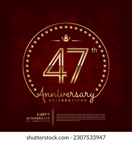 47th anniversary logo with double line number and golden text for birthday celebration event, invitation, banner poster, flyer, and greeting card, vector template