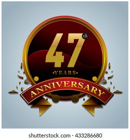 47th anniversary logo with gold circle badge. Anniversary signs illustration. Gold colors anniversary logo with circle ring