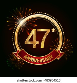 47th anniversary logo golden colored using ring, red ribbon, and fireworks background