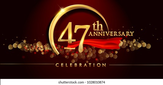 47th anniversary logo with golden ring, confetti and red ribbon isolated on elegant black background, sparkle, vector design for greeting card and invitation card