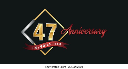 47th anniversary logo with golden and silver box, confetti and red ribbon isolated on elegant black background, vector design for greeting card and invitation card
