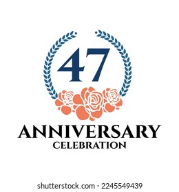 47th anniversary logo with rose and laurel wreath, vector template for birthday celebration.