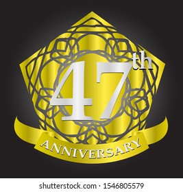 47th anniversary logo with silver and gold ribbon. Vector design template elements for your birthday celebration.