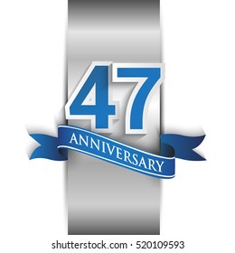 47th anniversary logo with silver label and blue ribbon, Vector design template elements for your birthday party.