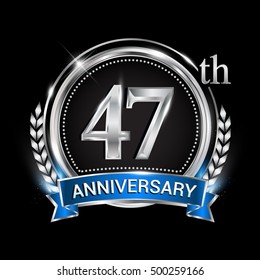 47th anniversary logo with silver ring combination blue ribbon. Vector template for birthday celebration, party, wedding, invitation and greeting card