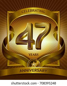 47th anniversary logo. Vector and illustration shiny gold ribbon
