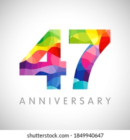 47th anniversary numbers. 47 years old logotype. Bright congrats. Isolated abstract graphic design template. Creative 4, 7 sign 3D digits. Up to 47%, -47% percent off discount. Congratulation concept.