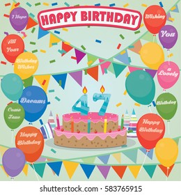47th Birthday cake and decoration background in flat design with balloons and candles