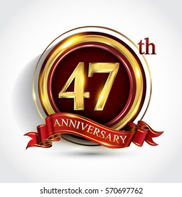 47th golden anniversary logo, forty seven years birthday celebration with ring and red ribbon isolated on white background