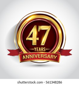 47th golden anniversary logo, fourty seven years birthday celebration with ring and red ribbon isolated on white background