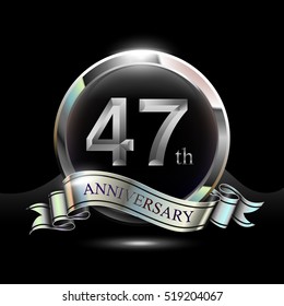 47th silver anniversary logo, vector celebration design with ring and ribbon.