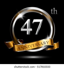 47th silver and gold anniversary logo, vector celebration design with ring and ribbon.